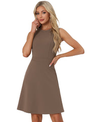 Round Neck Solid Color Sleeveless A-Line Work Midi Dress