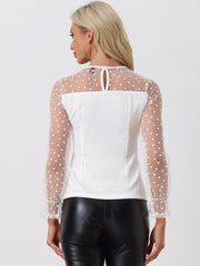 Lace Round Neck Heart Dots Sheer Blouse Long Mesh Sleeve Top