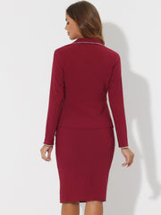 Business Suit 2 Pieces Tweed Trim Blazer Jacket and Skirt Set