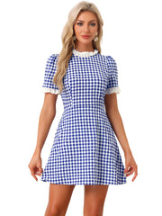 Summer Ruffle Neck Lace Panel Short Sleeve Check Gingham Dress