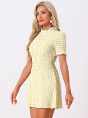 Summer Ruffle Neck Lace Panel Short Sleeve Check Gingham Dress