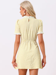 Summer Ruffle Neck Lace Panel Short Sleeve Check Gingham Dress