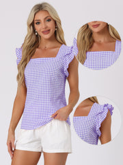 Summer Gingham Tops Square Neck Ruffle Cap Sleeve Blouse