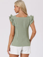 Summer Gingham Tops Square Neck Ruffle Cap Sleeve Blouse