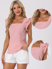 Summer Gingham Tops Square Neck Ruffle Cap Sleeve Blouse
