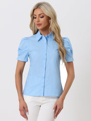 Puff Short Sleeve Turn Down Collared Office Button Down Shirt