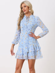 Floral V Neck Semi Sheer Layered Tiered Mini Dress