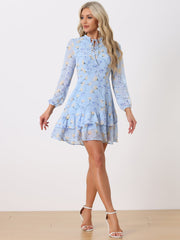 Floral V Neck Semi Sheer Layered Tiered Mini Dress