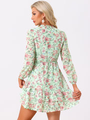 Floral V Neck Semi Sheer Layered Tiered Mini Dress
