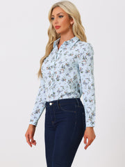 Button Down Floral Shirt Blouse Long Sleeve Point Collar Top
