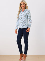 Button Down Floral Shirt Blouse Long Sleeve Point Collar Top