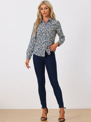 Button Down Floral Long Sleeve Point Collar Blouse