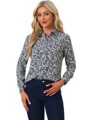 Button Down Floral Long Sleeve Point Collar Blouse