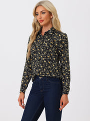 Button Down Floral Long Sleeve Point Collar Blouse