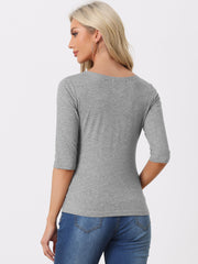 Casual Boat Neck 3/4 Sleeve Solid Basic T-shirt