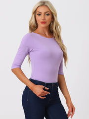 Casual Boat Neck 3/4 Sleeve Solid Basic T-shirt