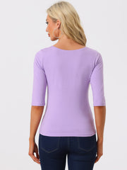 Casual Boat Neck 3/4 Sleeve Solid Basic T-shirt