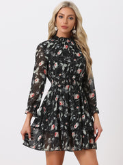 Floral Chiffon Long Sleeve Mock Neck Ruffle Layered Mini Dress
