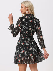 Floral Chiffon Long Sleeve Mock Neck Ruffle Layered Mini Dress
