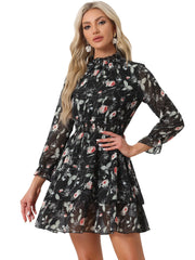 Floral Chiffon Long Sleeve Mock Neck Ruffle Layered Mini Dress