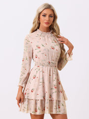 Floral Chiffon Long Sleeve Mock Neck Ruffle Layered Mini Dress