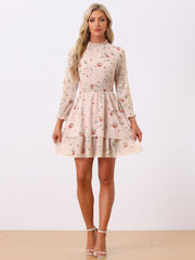 Floral Chiffon Long Sleeve Mock Neck Ruffle Layered Mini Dress