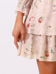 Floral Chiffon Long Sleeve Mock Neck Ruffle Layered Mini Dress