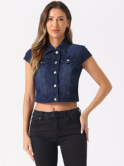Summer Button Down Cap Short Sleeve Cropped Jean Denim Jacket