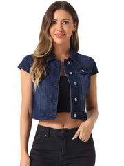 Summer Button Down Cap Short Sleeve Cropped Jean Denim Jacket