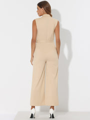 Sleeveless Button Front Closure Long Leg Pocket Belted Jumpsuits