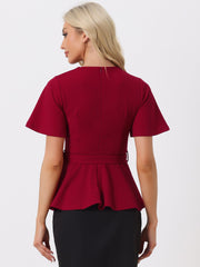 Peplum Round Neck Bell Sleeve Belted Waist Office Blouse