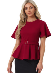 Peplum Round Neck Bell Sleeve Belted Waist Office Blouse