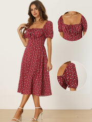 Square Neck Smocked Shirred Puff Sleeves Floral Midi Dress