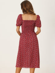 Square Neck Smocked Shirred Puff Sleeves Floral Midi Dress