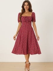Square Neck Smocked Shirred Puff Sleeves Floral Midi Dress