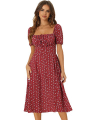 Square Neck Smocked Shirred Puff Sleeves Floral Midi Dress