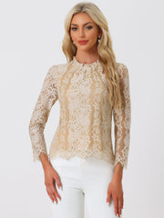 Lace Long Sleeve Ruffle Stand Neck Floral Blouse
