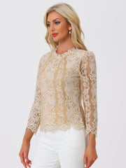 Lace Long Sleeve Ruffle Stand Neck Floral Blouse