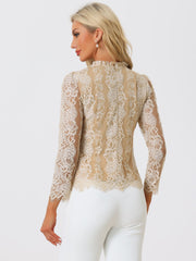 Lace Long Sleeve Ruffle Stand Neck Floral Blouse