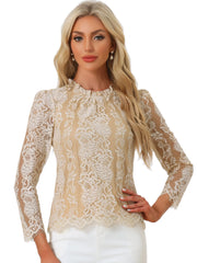 Lace Long Sleeve Ruffle Stand Neck Floral Blouse