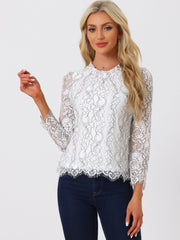 Lace Long Sleeve Ruffle Stand Neck Floral Blouse