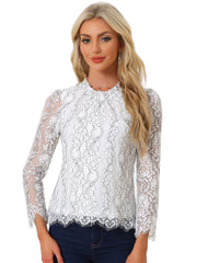 Lace Long Sleeve Ruffle Stand Neck Floral Blouse