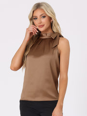 Elegant Satin Sleeveless Tie Knot Mock Neck Solid Work Blouse Top