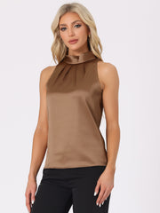 Elegant Satin Sleeveless Tie Knot Mock Neck Solid Work Blouse Top