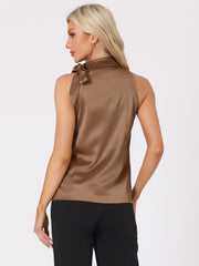 Elegant Satin Sleeveless Tie Knot Mock Neck Solid Work Blouse Top