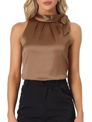 Elegant Satin Sleeveless Tie Knot Mock Neck Solid Work Blouse Top