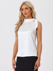 Elegant Satin Sleeveless Tie Knot Mock Neck Solid Work Blouse Top