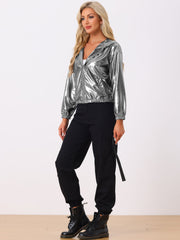 Holographic Party Shiny Lightweight Zipper Hooded Metallic Jacket