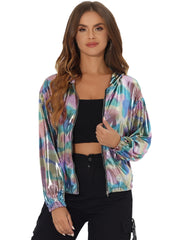 Holographic Party Shiny Lightweight Zipper Hooded Metallic Jacket