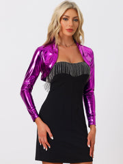 Women's Cropped Bolero Holographic Party Shimmering Shiny Lightweight Metallic Cardigan